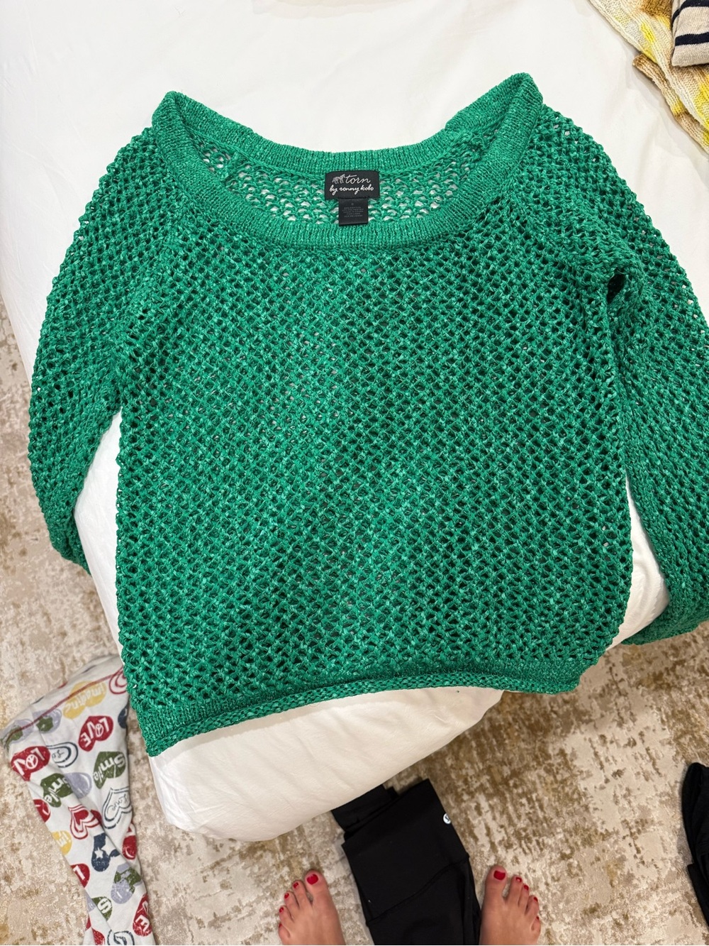 Torn by Ronny Kobo Emerald Green Open-Knit Crew Sweater